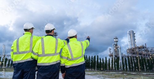 Wallpaper Mural Three Male worker inspection teamwork consulted and met for inspection of the system at the exchanger of tank oil refinery pipeline plant steam vessel and column tank oil of Petrochemistry industry. Torontodigital.ca