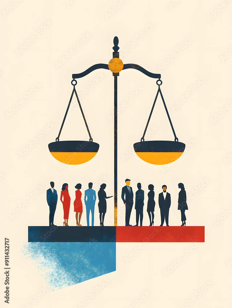 A stylized illustration of a scale of justice with people on either side, symbolizing equality and fairness in the legal system. A stylized illustration of a scale of justice with people on either side, symbolizing equality and fairness in the legal system.