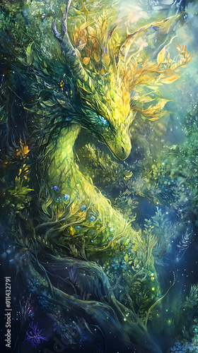 A vibrant green dragon with glowing antlers emerges from a lush forest, its scales blending seamlessly with the foliage.