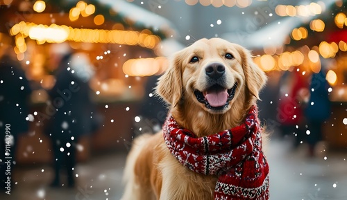 Golden Retriever dog wearing a scarf walking in a Christmas market, bokeh lights and people in a blurred background, winter scene with falling snowflakes.