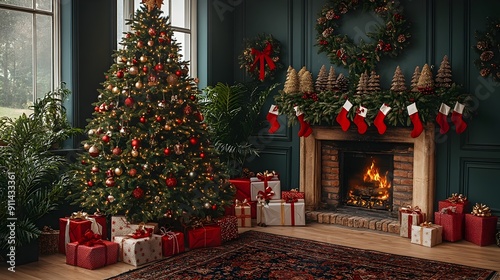 Cozy Christmas Living Room with Decorated Tree Fireplace and Gifts