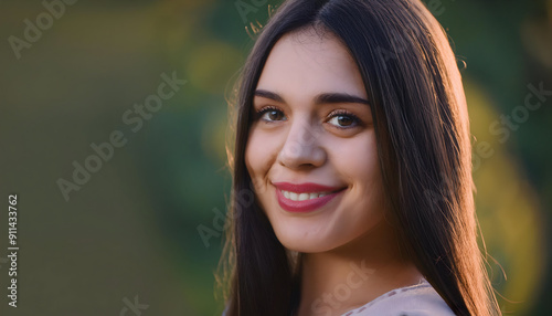 Attractive young woman long dark hair smiling gently on digital art concept, Generative AI.