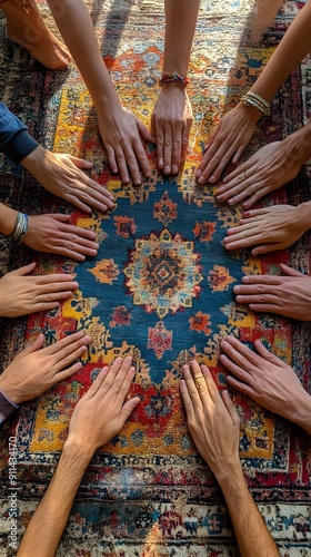 Diverse Hands Forming a Collaborative Unity in Vibrant Geometric Design photo