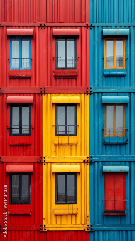 Fototapeta premium Vibrant Multicolored Freight Containers in Geometric Architectural Facade