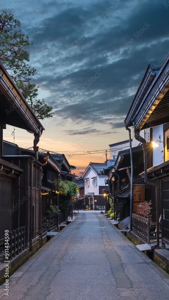 Takayama Gifu Japan time lapse night to day at old town Sannomachi street Takayama Gifu Japan time lapse night to day at old town Sannomachi street