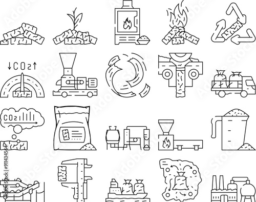 wood pellets eco energy icons set vector. ecological environment, falling, fire firewood, flaming flowing, fossil fuel granule wood pellets eco energy black contour illustrations