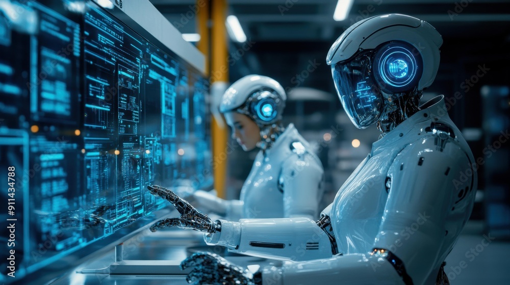 Two Humanoid Robots Working on a Computer in a Futuristic Lab Two Humanoid Robots Working on a Computer in a Futuristic Lab