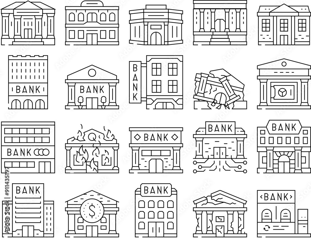 Obraz premium bank building business finance icons set vector. city office, government financial, money architecture, cityscape urban house bank building business finance black contour illustrations