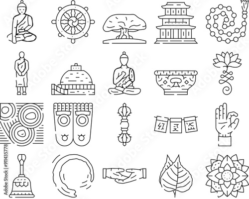 buddhism religion buddha thailand icons set vector. temple asia, religion monk, thai travel, asian statue, culture spiritual, ancient buddhism religion buddha thailand black contour illustrations