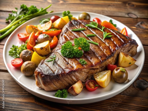 Juicy T-bone steak, sizzling hot, garnished with fresh parsley, served on a white plate with a side of sautéed vegetables,.copy space above.