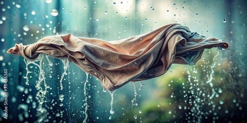 A crumpled, dripping wet cloth is twisted and tightly wrung out, water drops suspended in mid-air, against a soft, blurred, out-of-focus background. photo