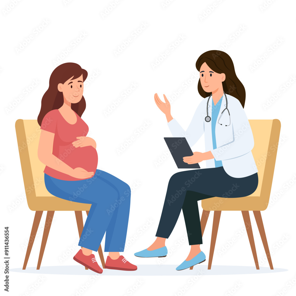 Pregnant woman at a doctor's appointment.Woman and the doctor are talking in the office.Monitoring pregnancy and healthy.Vector illustration Pregnant woman at a doctor's appointment.Woman and the doctor are talking in the office.Monitoring pregnancy and healthy.Vector illustration