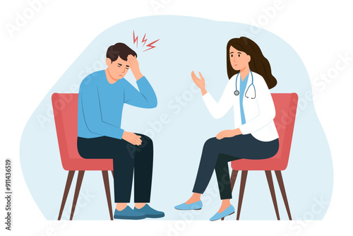 The patient and the doctor are talking in the office. Man with headache visits doctor. Physician consults patient, diagnoses, prescribes treatment.Vector flat  illustration.
