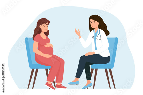 Pregnant woman at consultation with doctor. Woman and the doctor are talking in the office.Monitoring pregnancy and healthy.Vector illustration