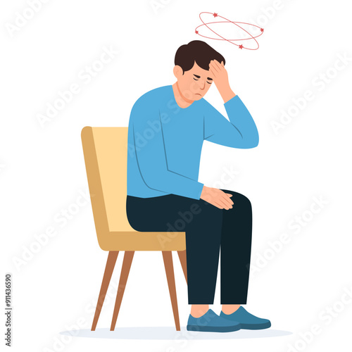  Dizziness. Man with closed eyes holds his hand on head, stars spin around his head. Sick  man with vertigo.Vector illustration, flat design.