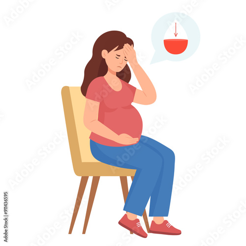 Pregnant woman suffers from dizziness and anemia. Low hemoglobin and iron deficiency. The concept of health protection.Vector illustration.