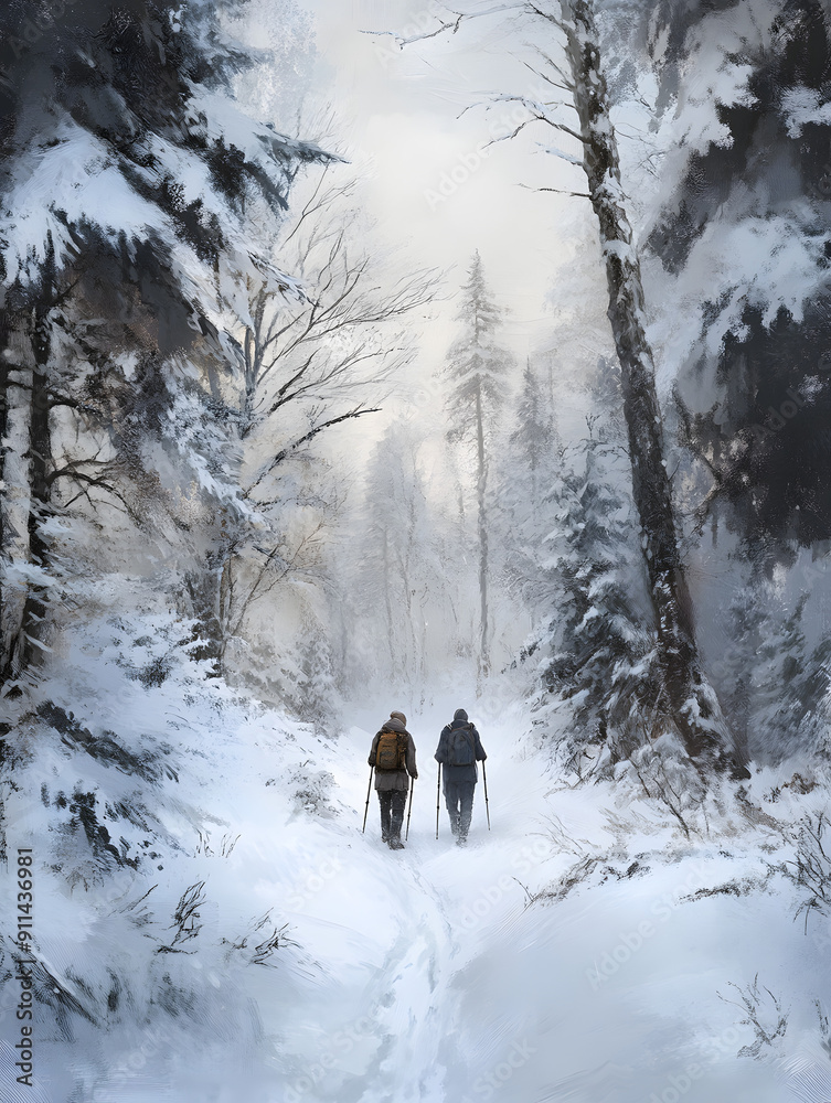 Two hikers walk through a snowy forest, their footprints the only signs of life in the silent landscape. The trees are laden with snow, creating a magical and serene atmosphere. Two hikers walk through a snowy forest, their footprints the only signs of life in the silent landscape. The trees are laden with snow, creating a magical and serene atmosphere.