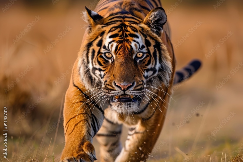 Fototapeta A fierce tiger prowls through the tall grass, its intense gaze locked on its prey. This powerful image captures the raw strength and majesty of this apex predator in the wild.