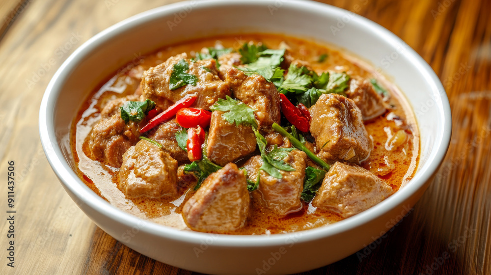 A flavorful Panang curry made with pork, served in a white bowl on a wooden table. A traditional Thai dish. A flavorful Panang curry made with pork, served in a white bowl on a wooden table. A traditional Thai dish.