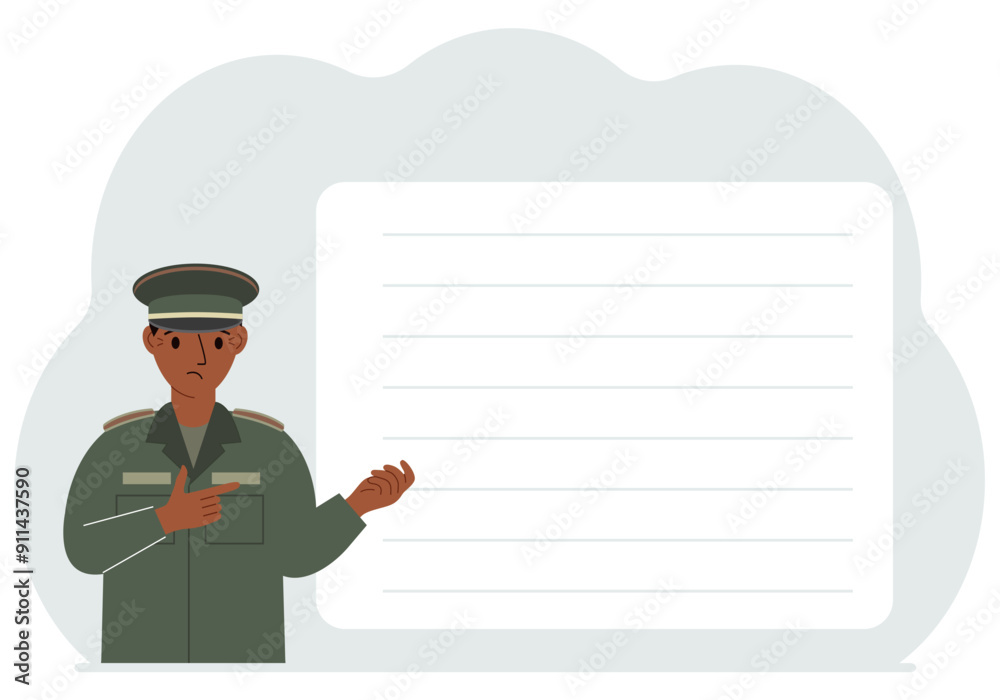 Male soldier in uniform next to a large white banner for your text. Postcard, advertisement, poster. Vector flat illustration Male soldier in uniform next to a large white banner for your text. Postcard, advertisement, poster. Vector flat illustration