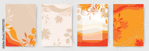 Autumn abstract colorful Background. Fall season and Thanksgiving theme. Editable vector templates with leaves and geometric pattern. Nature elements for poster, banner, cover, card, Sale, advertising