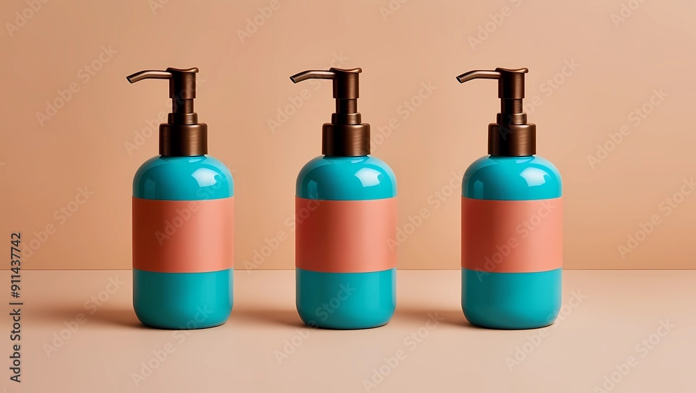 Three Minimalist Blue Pump Bottles on Beige Background
