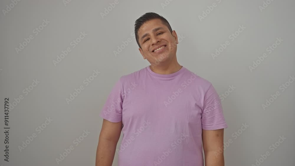 Cool, young hispanic man happily standing with a lucky smile on his face over an isolated white background Cool, young hispanic man happily standing with a lucky smile on his face over an isolated white background
