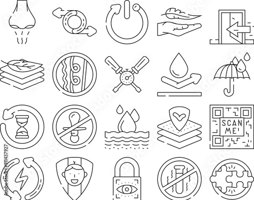 product caution label warning icons set vector. odor control, reversible, automatic shut down, lightweight, indoor use only product caution label warning black contour illustrations