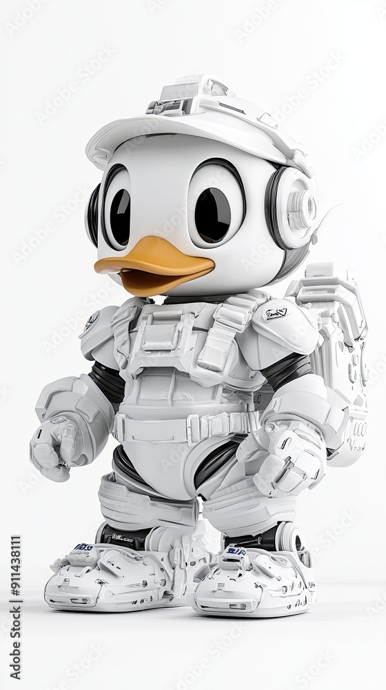 A playful character in a white spacesuit, complete with a helmet and backpack, stands confidently on a plain background, showcasing its charming design
