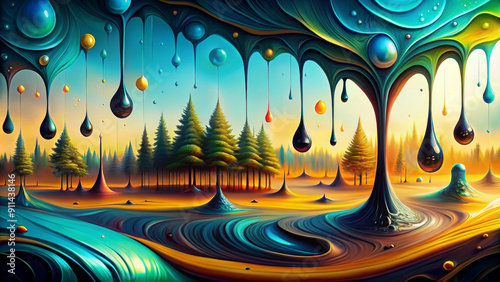 The surreal landscape is depicted in vivid, flowing colors that seem to blend into the environment. The trees and their reflections are integrated into the fluid, whimsical background.AI generated. photo