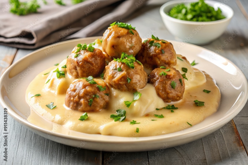 Savory meatballs smothered in rich parmesan sauce rest atop a mountain of creamy mashed potatoes on a pristine white ceramic plate. Savory meatballs smothered in rich parmesan sauce rest atop a mountain of creamy mashed potatoes on a pristine white ceramic plate.