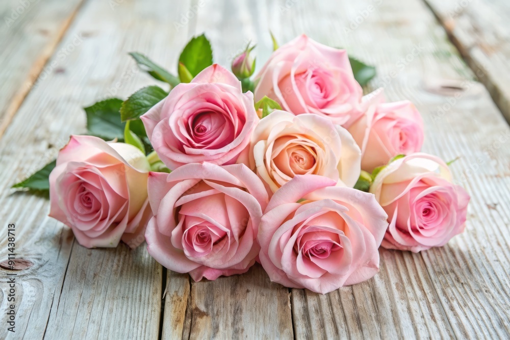 Soft focus on a delicate arrangement of fresh pink rose blooms artfully placed on a distressed light wood background, exuding elegance and serenity. Soft focus on a delicate arrangement of fresh pink rose blooms artfully placed on a distressed light wood background, exuding elegance and serenity.