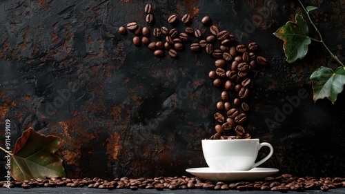 Illustrate coffee beans in midfall above a cup of coffee photo