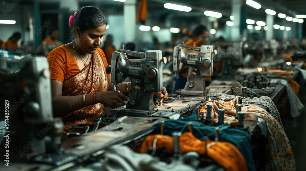 An Indian woman working on a sewing machine in a textile factory, with rows of other women and sewing machines in the background. An Indian woman working on a sewing machine in a textile factory, with rows of other women and sewing machines in the background.