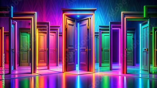 A vibrant, pulsating loop of interconnecting doors bathed in neon hues, each opening to a different abstract world  Generative AI
