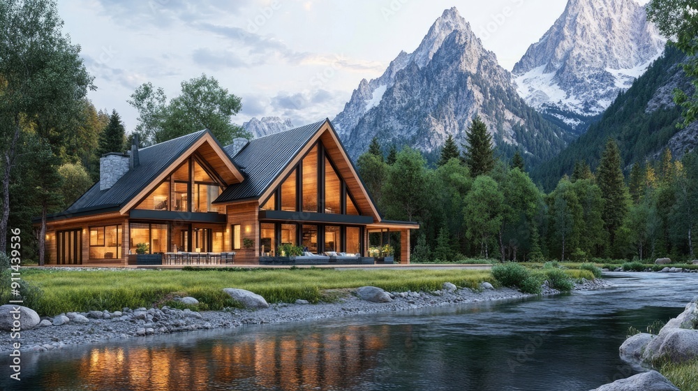 Fototapeta premium A charming wooden house nestled among trees, with a peaceful stream flowing nearby and majestic mountains in the background, creating a serene natural environment