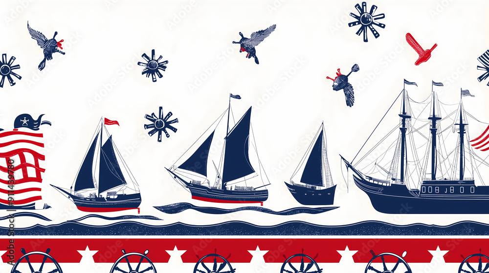white background with a blue and red nautical border, featuring ship's wheel silhouettes, a ship silhouette, an anchor pattern, nautical stripes, and a marine theme white background with a blue and red nautical border, featuring ship's wheel silhouettes, a ship silhouette, an anchor pattern, nautical stripes, and a marine theme