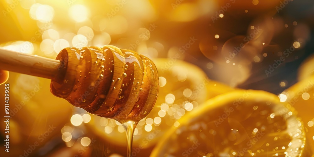 Hand holding a honey dipper with lemons icon Hand holding a honey dipper with lemons icon