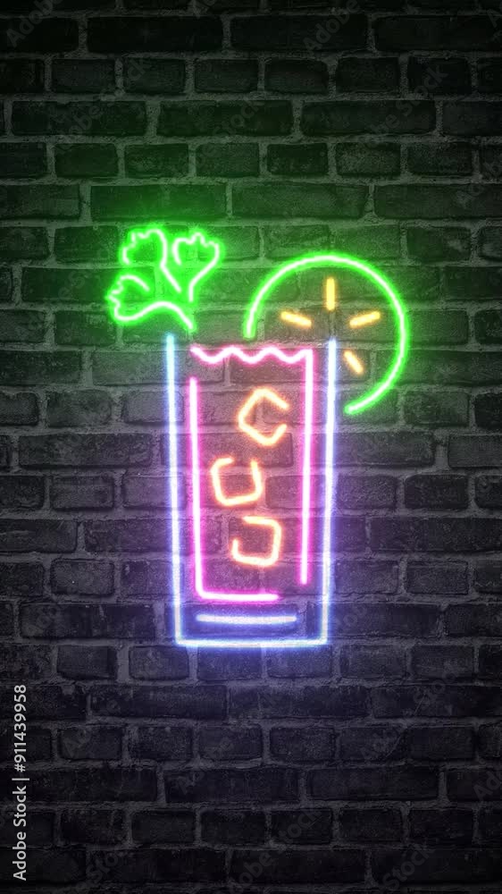 Tropical neon cocktail drink ,on brick wall background.Concept of bar,nightclub,dance,party,drink,alcohol, light sign advertising .Vertical animation, phone wallpaper Tropical neon cocktail drink ,on brick wall background.Concept of bar,nightclub,dance,party,drink,alcohol, light sign advertising .Vertical animation, phone wallpaper