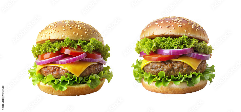 Tasty Cheeseburger Close-Up: Lettuce, Tomato, Onion on Isolated Background Tasty Cheeseburger Close-Up: Lettuce, Tomato, Onion on Isolated Background