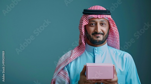 Smiling Man in Traditional Clothing Holding a Gift Box photo