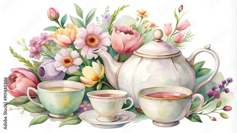 A Symphony of Spring: Watercolor Tea Time Still Life AI Generated A Symphony of Spring: Watercolor Tea Time Still Life AI Generated