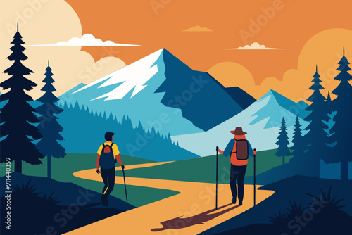 Hiking adventure scene in flat style. Hiker traveling on the wild landscape, with mountains