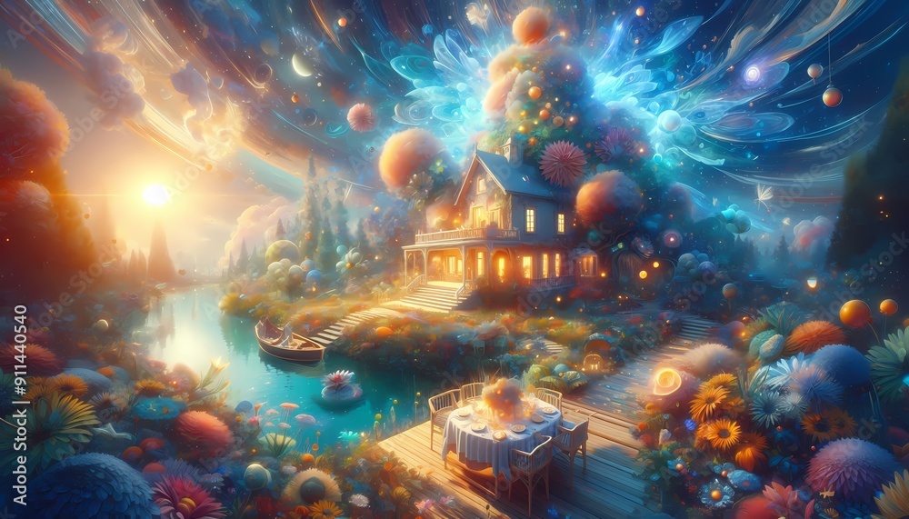 Obraz premium Bright celestial lights over a beautiful, abstract night sky with stars, nebula, and clouds reflecting in the sea