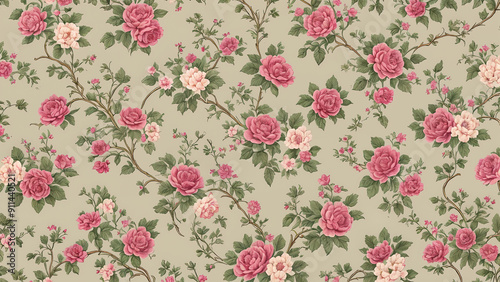 Vintage floral wallpaper: ornate pattern with antique roses and leaves, illustrated in elegant pink tones for spring and summer decor