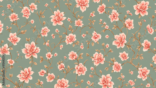 Wallpaper Mural Vintage floral wallpaper: ornate pattern with antique roses and leaves, illustrated in elegant pink tones for spring and summer decor Torontodigital.ca