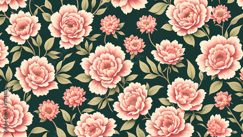 Vintage floral wallpaper: ornate pattern with antique roses and leaves, illustrated in elegant pink tones for spring and summer decor