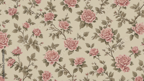 Vintage floral wallpaper: ornate pattern with antique roses and leaves, illustrated in elegant pink tones for spring and summer decor
