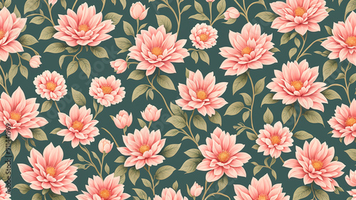 Vintage floral wallpaper: ornate pattern with antique roses and leaves, illustrated in elegant pink tones for spring and summer decor