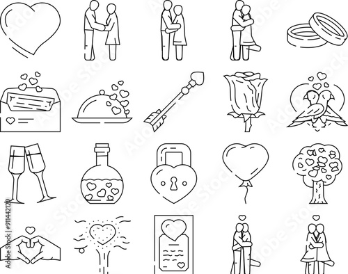 love heart shape valentine day icons set vector. people woman, care together, lifestyle social, man happy, couple, wedding love heart shape valentine day black contour illustrations